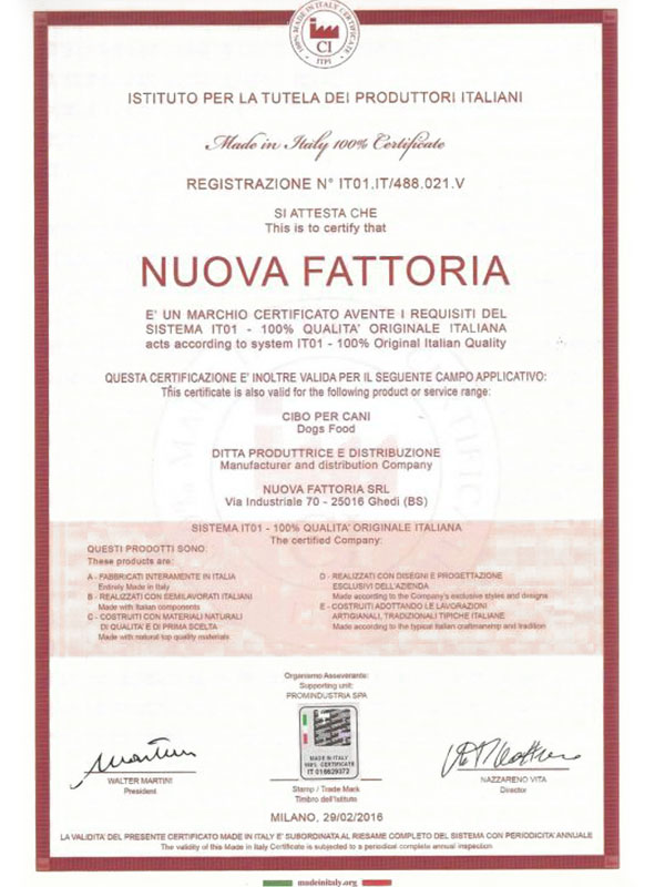 crocchette made in italy, Certificazioni, Nuova Fattoria Pet Food