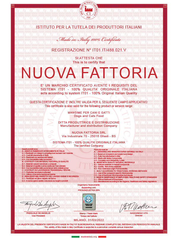 crocchette made in italy, Certificats, Nuova Fattoria Pet Food
